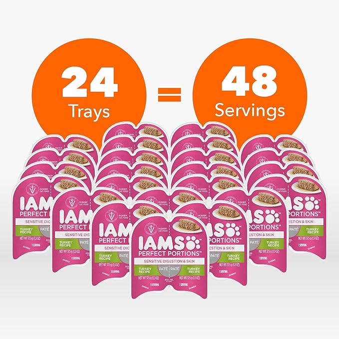 IAMS Perfect Portions Sensitive Digestion & Skin Adult Wet Cat Food Pate, Turkey Recipe, 2.6 oz. Easy Peel Twin-Pack Trays (24 Count, 48 Servings) (Pack of 2)