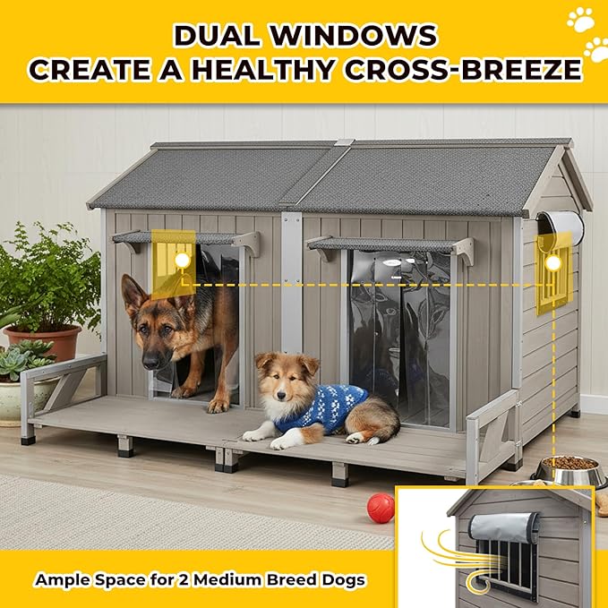 59" L Extra Large Dog House Outdoor for 2 Dogs, XL Wooden Dog House Pet Shelter Weatherproof with 2 Window, Openable Roof, All-Around Iron Frame, Removable Floor, Balcony for Large Small Dogs
