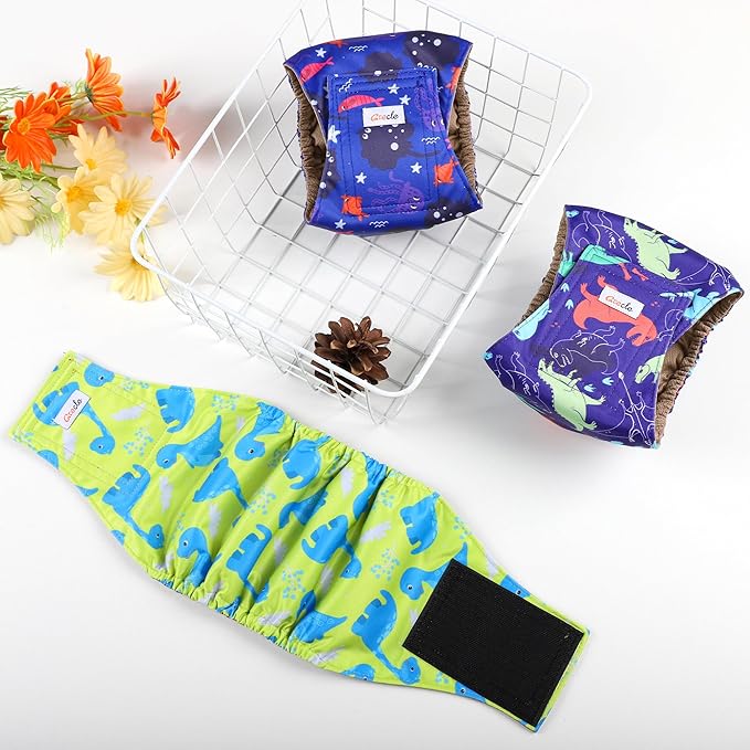 5 Pack Dog Diapers Male Reusable, Premium Belly Bands for Dogs, High Absorbing Male Dog Pee Wraps for Doggie in Incontinence or Excitable Urination Dinosaur XL