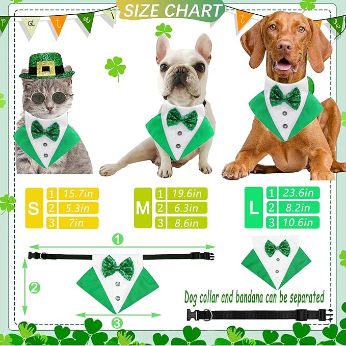 2 PCS St. Patrick's Day Costume Dog Bandana Collar and Pet Top Hat Buckle Green Dog Bow Tie Formal Tux Clothes with D-Ring Irish Tuxedo Saint Patrick Outfits for Dogs Puppy Cat Party Dress (Medium)