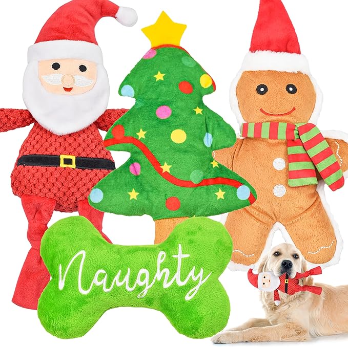 Christmas Dog Toys, 4pcs Stuffed Dog Squeaky Toys for Teething and Chewing, Tough Xmas Gift Toy Bundle Santa Toys for Small Large Dogs Puppy