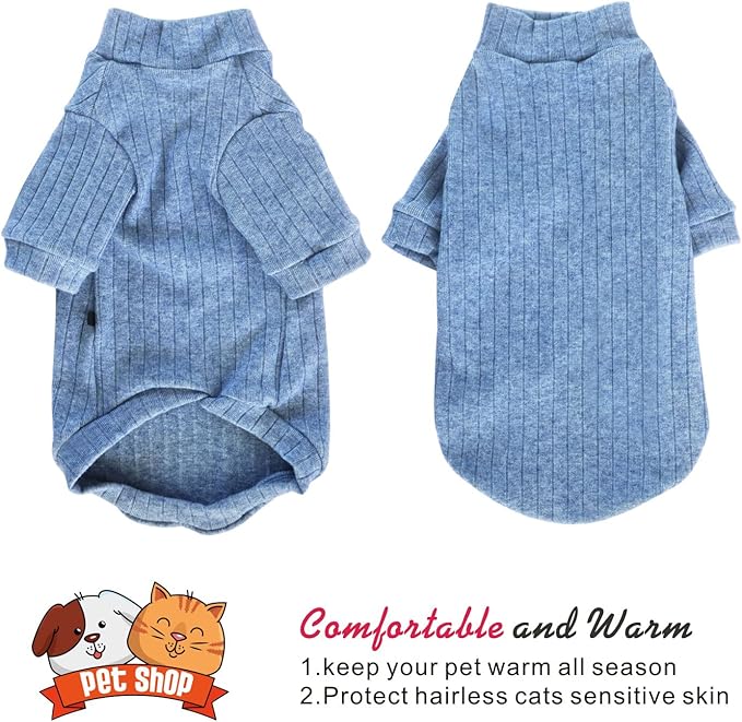 Idepet Sphynx Hairless Cats Sweater Shirt Kitten Soft Puppy Clothes Pullover Cute Cat Pajamas Jumpsuit Cotton Apparel Pet Winter Turtleneck for Cats and Teacup Chihuahua(2 Pack-Blue&Pink,L)