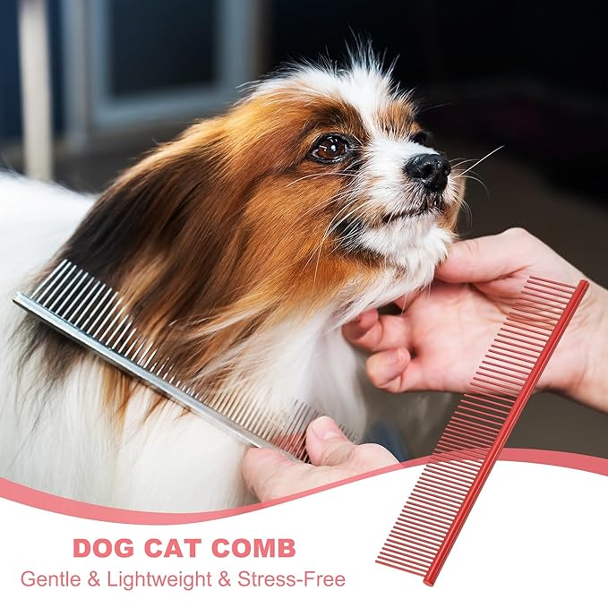 Dog Cat Comb, Pet Combs Stainless Steel Teeth with Rounded Ends for Knots Mats Loose Hair Removal, 6.5/7.5IN (Red Coated, 2 Pack), Grooming Tool Intended for Long Curly Hair Pet