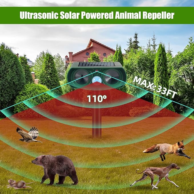 Solar Ultrasonic Animal Repeller Outdoor Deer Repellent Devices with Motion Sensor Waterproof Animal Deterrent Devices to Scare Cat Dog Squirrel Rabbit Raccoon Skunk Repellent for Yard Garden Lawn