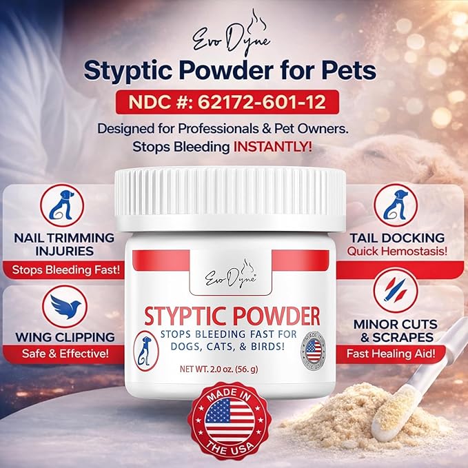 2-Pack Styptic Powder for Dogs, Cats, and Birds (2 oz) by Evo Dyne | Fast-Acting Blood Stop Powder for Pets | Quick Stop Bleeding for Dog Nail Clipping, Grooming, Cuts and More