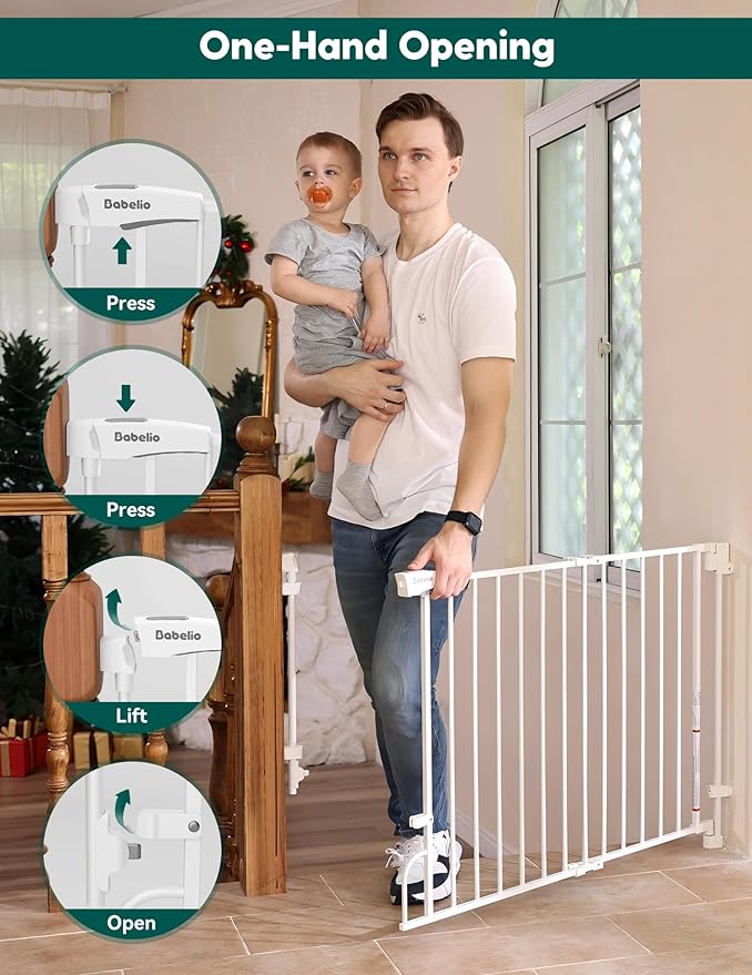 Babelio Removable & No Bottom Bar Baby Gate, 35.5-55" Extra Wide Hardware Mounted (Drill Needed)| Wide Walk-Thru| Auto-Close Safety Dog/Pet Gate for Stairs & Doorways (White, 35.5-55" W, 30" H)