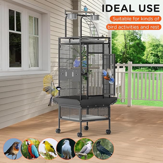 60 inch Large Bird Cage with Rolling Stand, Metal Parrot Cage with Play Top & 4 Stainless Steel Bowls, Birdcage Pet House for Conure Cockatiel Parakeet Lovebird, Black