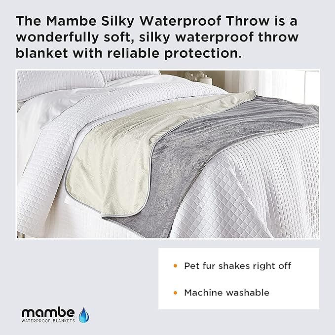Mambe Silky Waterproof Throw for Protecting Furniture Bed Couch from Stains Caused by Dogs, Cats, Incontinence. Soft, Washable, Reversible. (Size Medium 70x70 inches, Color Buff/Dove)