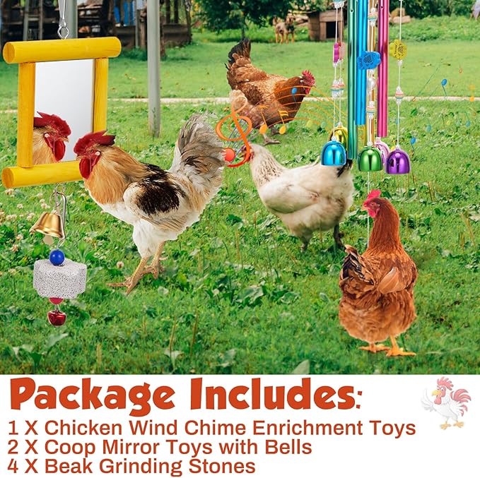 7 Pcs Chicken Toys, Hanging Chicken Wind Chime, 2 Pcs Coop Mirror Toys with Bells 4 Pack Beak Grinding Stones, Musical Coop Accessories for Hens Roosters Chicks Poultry Birds(Yellow，Blue)