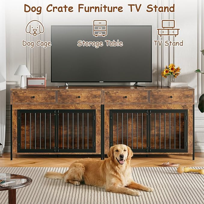PUKAMI 44inch Large Dog Crate Furniture with Drawers, Wooden Dog Kennel Furniture for Indoor use, Brown End Table Dog House, for Small/Medium/Large Dog, 2-Pack Set