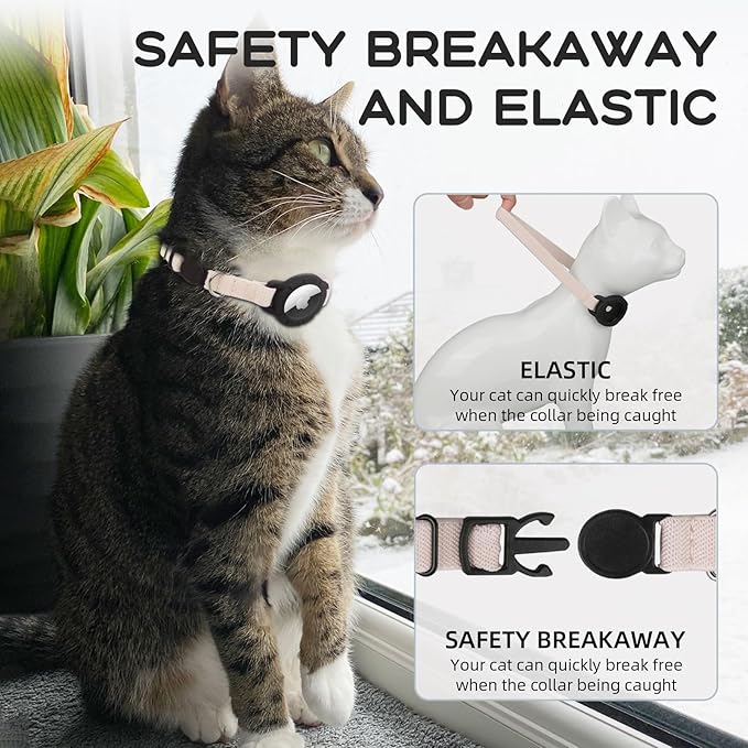 AirTag Cat Collars, Stretchy Collar with Apple AirTag Holder and Bell, Breakaway Design Ultra Elastic GPS Tracking Collars for Cats and Puppies, (7.5-12.5 Inch), Khaki