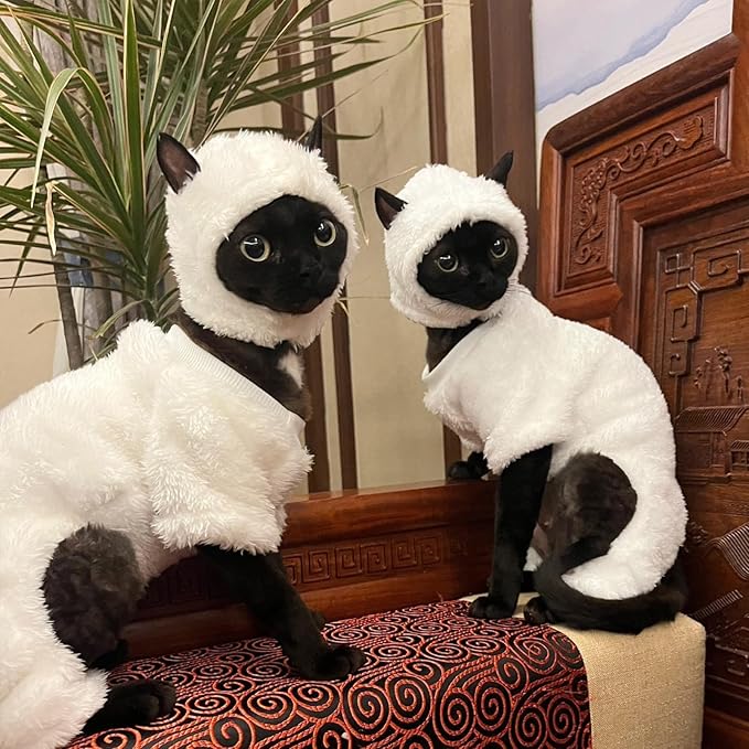 Warm Fleece Lined Winter Clothing for Sphynx & Devon Rex Cats | Soft Faux Lamb Wool | Cozy and Comfortable (Sheep Costume,XL 3.5-4.5 kg)