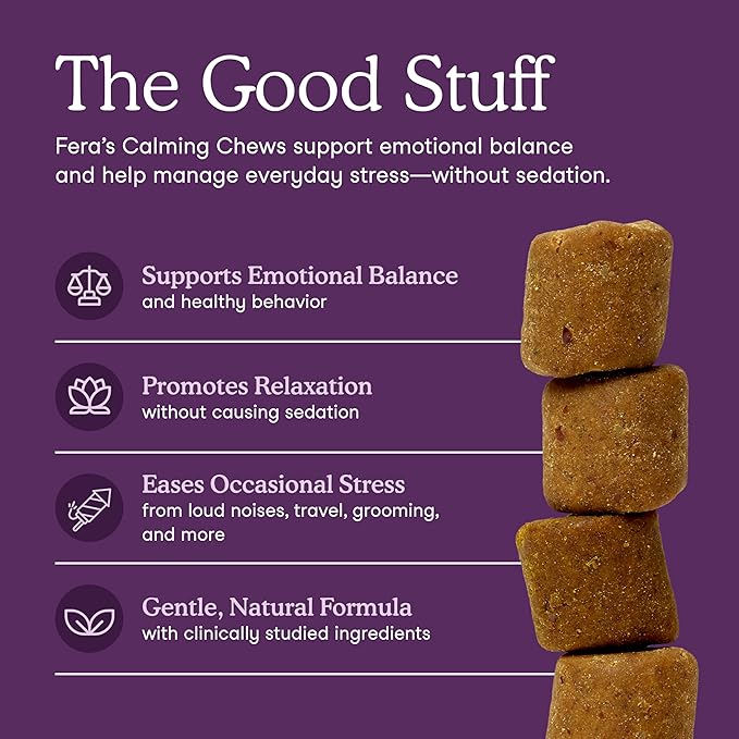 Fera Pets Dog Calming Chews - Helps Manage Everyday Stress & Separation - Promotes Relaxation - Ashwagandha & Priome® Mental Wellbeing Postbiotic Blend - 90 Soft Chews