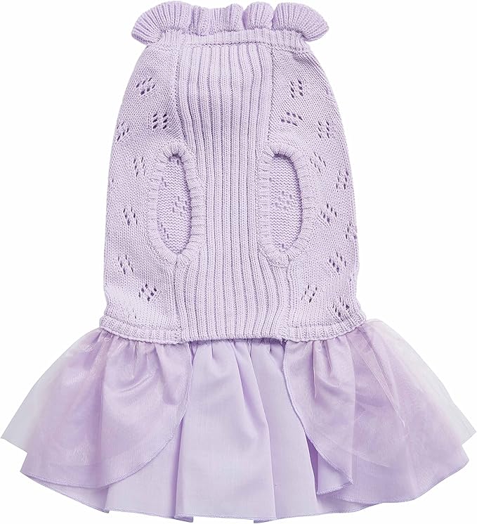Blueberry Pet My Cutie Princess Ruffle Collar Dog Sweater Dress with Layered Tulle, Light Lavender, Back Length 10", Fall Winter Clothes for Girl Dogs