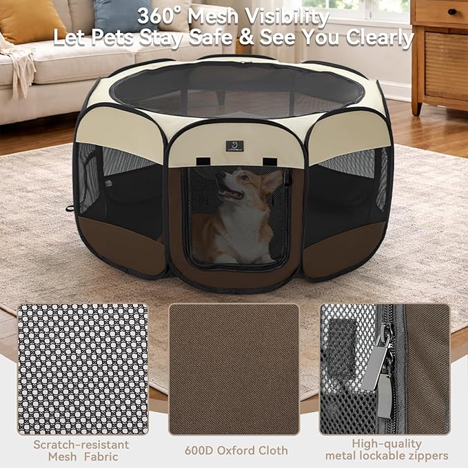 Portable Indoor Dog Playpen for Small Dogs & Puppies by A 4 Pet – 40.55" Pop-Up Soft Puppy Playpens with Bowl, Waterproof Floor, Calm Safe Space for Home, Travel & Daily Use