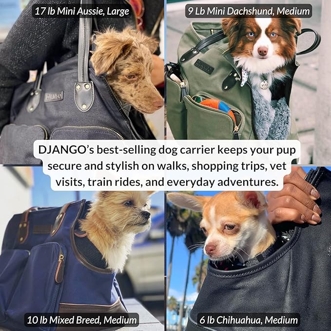 DJANGO Waxed Canvas & Leather Dog Carrier Tote Bag – Premium Soft-Sided Travel Dog Purse with Safety Leash, WR Lining, & Large Zipper Pockets – Everyday Pet Carrier for Small Dogs (Navy Blue, Medium)