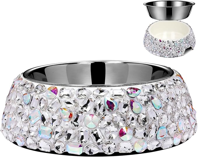 SlowVibes Bling Stainless Steel Dog Bowls,12oz Detachable Big Diamond Metal Food Water Bowl for Feeding Dogs Cats,Rust Resistant Non-Slip Puppy Dish,Sparkle Essentials for Small Medium Large Girl Pets