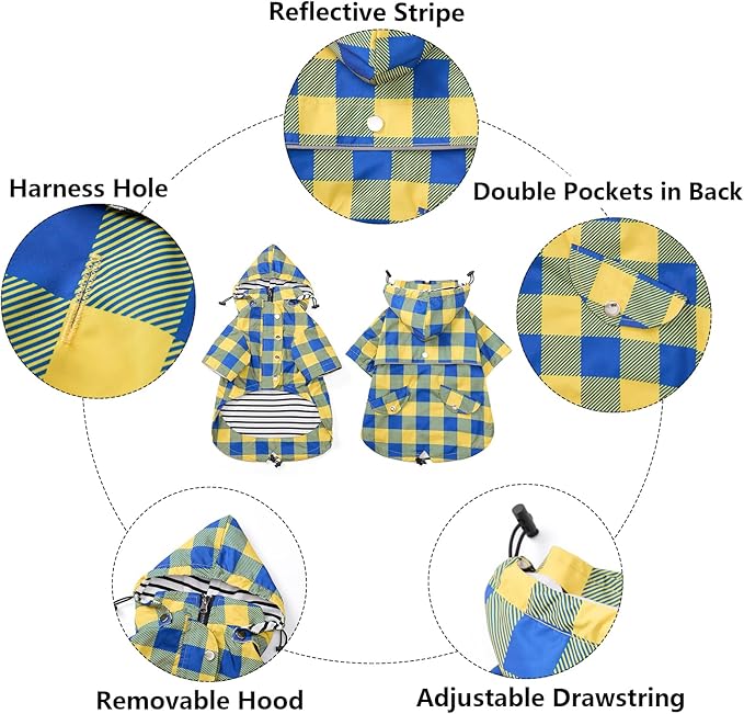 Dog rain Coat Waterproof Raincoat Puppy Jacket with Legs Buttons Zipper Hood Drawstring Fit for Yorkie Terrier Schnauzer Poodle Border Collie Labrador Golden Retriever 8lbs to 80lbs Yellow M