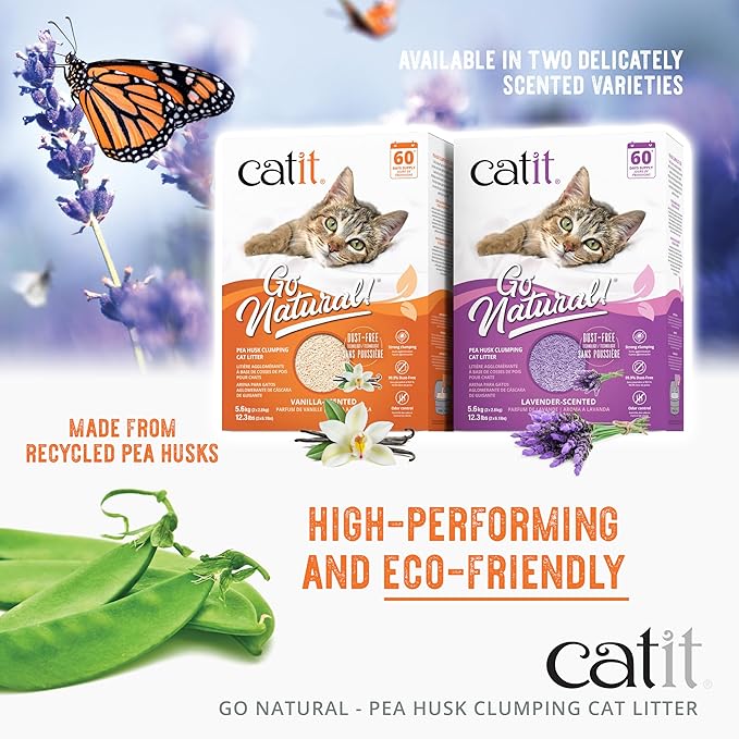 Catit - Go Natural Pea Husk Clumping Cat Litter - Dust Free, Easy Cleaning & Scooping, Flushable Kitty Litter with Odor Control & Subtle Fragrance - 12.3 Lbs, Vanilla Scented