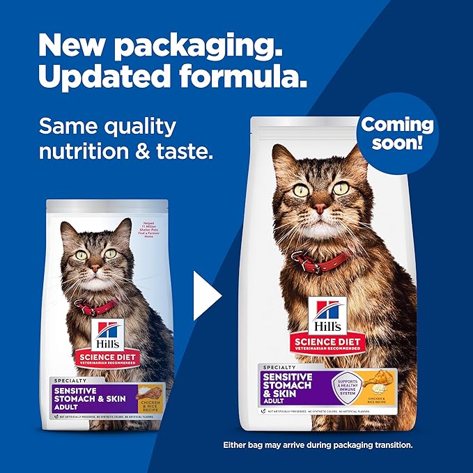 Hill's Science Diet Adult 1-6 Sensitive Stomach & Skin Dry Cat Food, Chicken & Rice, 15.5 lb. Bag (Updated Formula)