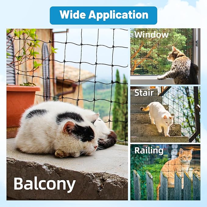 Lewondr Cat Netting Balcony, 10x6.5ft Steel Wire Reinforced Balcony Screen for Pets, Anti-Fall Pet Mesh Fence Cat Safety Net for Balcony, Window, Stair, Patio