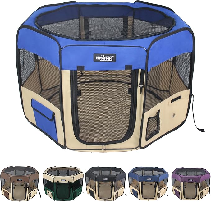 EliteField 2-Door Soft Pet Playpen (2 Year Warranty), Exercise Pen, Multiple Sizes and Colors Available for Dogs, Cats and Other Pets (62" x 62" x 30"H, Royal Blue+Beige)