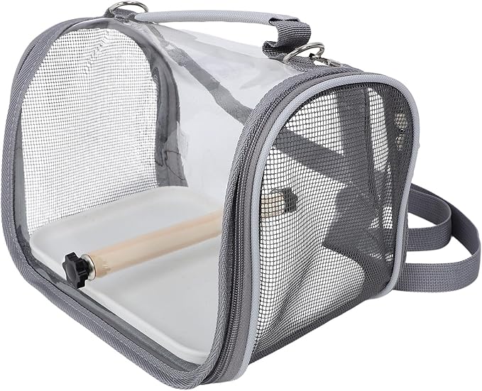 Portable Bird Travel Cage Carrier with Standing Perch, Lightweight Small Parrot and Lizard Pet Carrier Bag for Outdoor Trips, Handheld Grey Travel Cage for Budgie and Conure