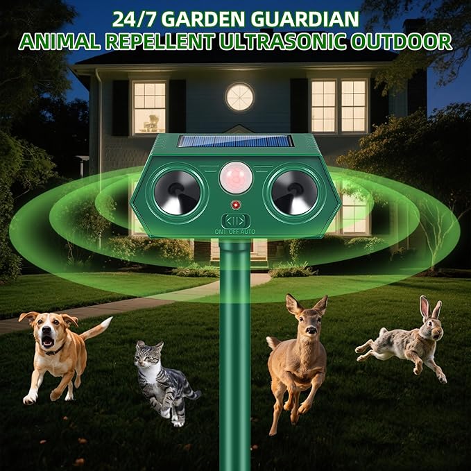 2026 Solar Ultrasonic Animal Repellent Outdoor, IP65 Waterproof Cat Repellent & Deer Repeller Devices, Motion Sensor Racoon Squirrel Fortress Pro Rabbit Skunk Deterrent for Yard Garden (4 Pack)