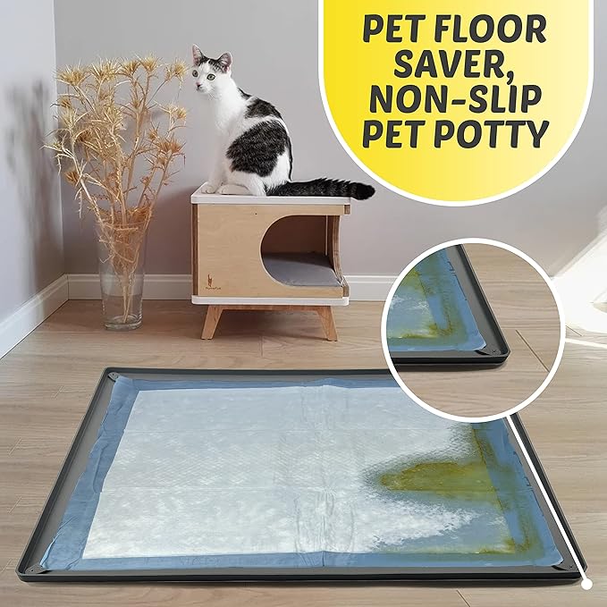TidyFriend Dog Pee Pad Holder Tray Fits for 30” x 36” Pee Pads with Corner Lock Holes, Raised Edges, Non-Spill, Easy to Clean Silicone Dog Potty Tray Holder, for Indoor Floor Protection (Grey)