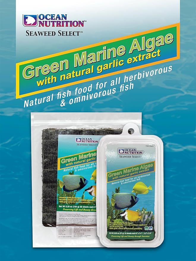 Ocean Nutrition Seaweed Select Green Marine Algae - Nutritious Fish Food for Herbivorous Marine Fish, Live Fish & Invertebrates - Natural Seaweed Sheets with Garlic Extract - 10 Sheets, 1 oz (30g)