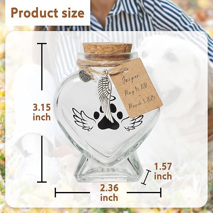 Pet Memorial Gift for Loss of Cat, Heart Shape Glass Jar & Bottle for Fur, Hair, Whiskers or Ashes Keepsake Urn with Cork Top, Charms for Cute Rainbow Bridge Memorial