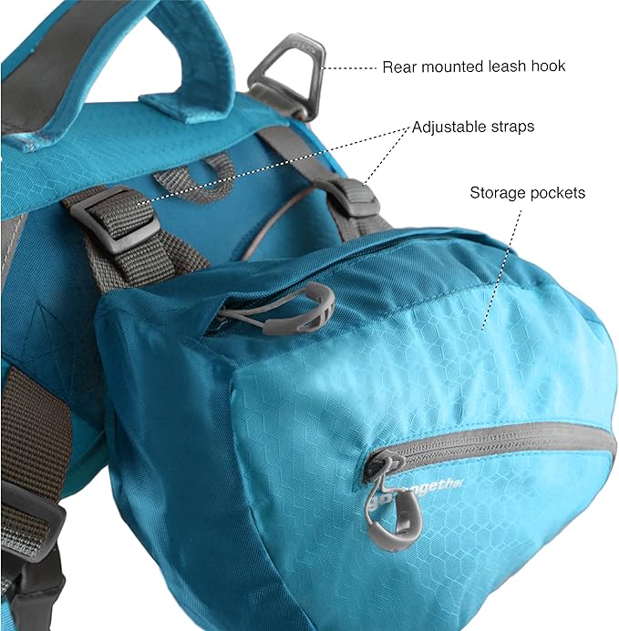 Kurgo Big Baxter Dog Backpack, Dog Saddlebag Pack for Pets, Adjustable Saddlebag for Hiking, Walking, Running, Camping, Coastal Blue