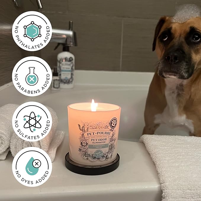 Pet-Pourri Pawsitively Fresh Pet Odor Deodorizer Candle, Burns Up to 45 Hours, Aromatherapy & Air Freshener with Essential Oils, Plant Based Ingredients & Wax, Vet Approved, Jasmine Pear Scent