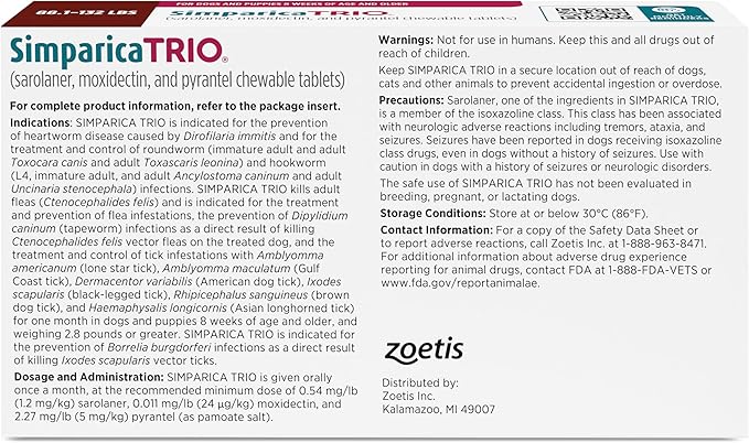 Simparica Trio (sarolaner, moxidectin, and pyrantel chewable Tablets) Chewables for Dogs, 72 mg/tab, 88.1-132 lbs, (Brown), 6 Tablets