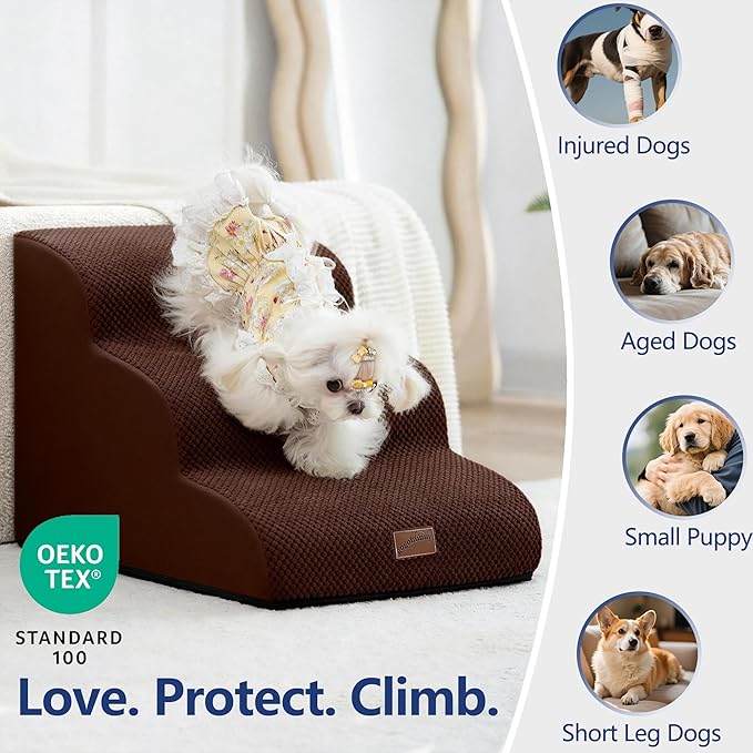 gogobunny Ramp Cat Dog Stairs for Beds, Cat Slope Stairs with Durable Waterproof Fabric Cover, Pet Steps for Old Large Dogs Climbing (Brown, 3-Step (22.4" D x 15.7" W x 15.7" H), 3)