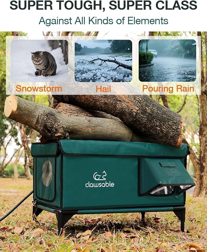 Indestructible Heated Cat House for Outside Winter, 100% Waterproof, Safe Escape Door, Insulated Outdoor Cat Shelter with Heater for Feral Barn Cat Kitty (Forest Green, 27"x17"x18")