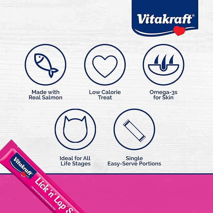 Vitakraft Lick 'n' Lap Snack Creamy, Cat Treat with Real Salmon, 16 Count