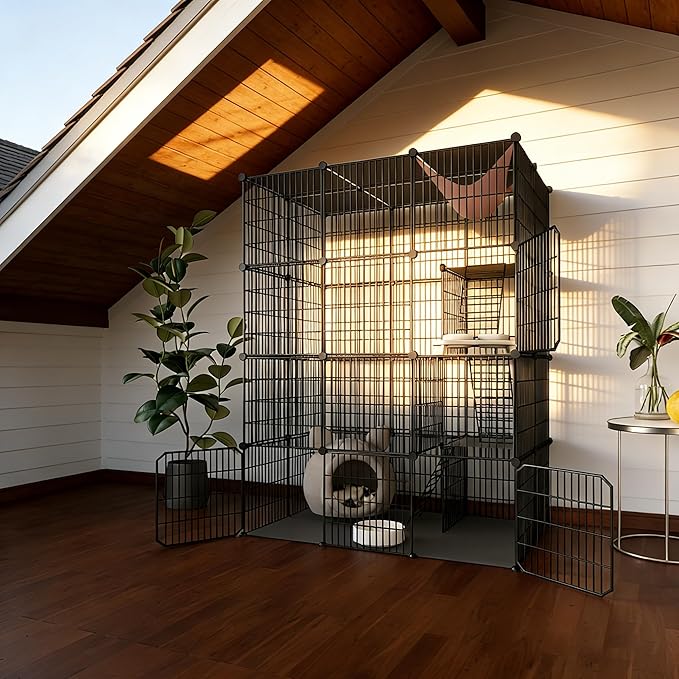 Large 4-Tier Cat Cage Indoor, DIY Cat Enclosures Detachable Metal Wire, Indoor Cat Crate Exercise Place Ideal for Kitty, Small Animals (Black, 41.3" L x 28" W x 55" H, 1)