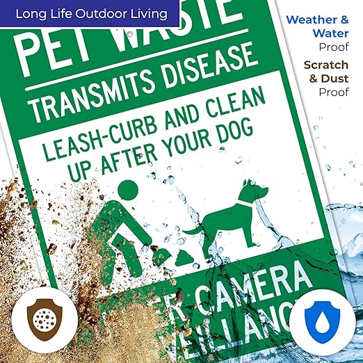 Pet Waste Leash-Curb and Clean Up After Your Dog Under Camera Surveillance Sign, 18x24 Inches, 55 mil Thick HDPS (high Density polystyrene), Made in USA