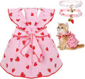 2-Piecs Cotton Detachable Pet Cat Dog Collar with Strawberry Pendant and Bell + 1-Piece Small Dog Cat Dress, Girl's Cat Costume, Cute Bow-Decorated Outfit, Strawberry Print Pet Birthday Set (Medium)