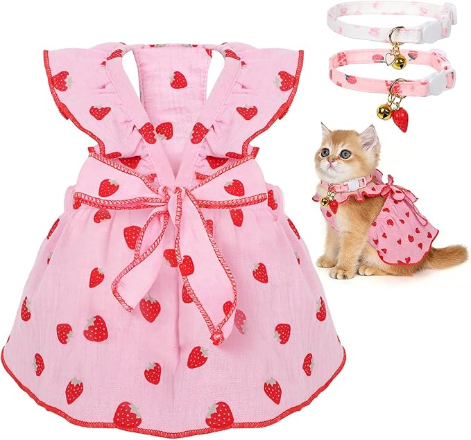 2-Piecs Cotton Detachable Pet Cat Dog Collar with Strawberry Pendant and Bell + 1-Piece Small Dog Cat Dress, Girl's Cat Costume, Cute Bow-Decorated Outfit, Strawberry Print Pet Birthday Set (Large)