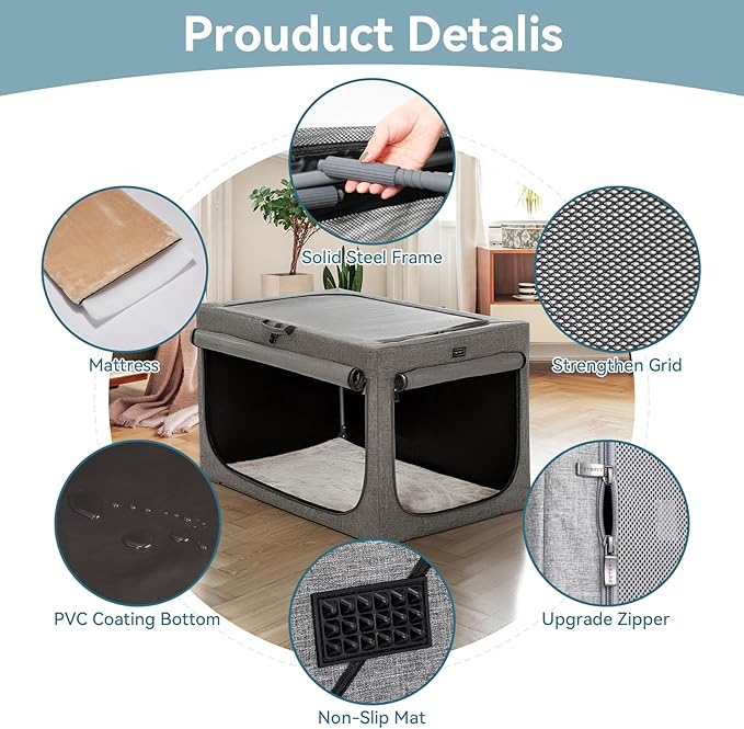 PETSFIT Portable Dog Crate for Small Dogs, – 24" Soft Dog Travel Crates with Lockable Zippers & Thicken Mat, Adjustable Patented Spiral Steel Frame, Collapsible Kennel for Indoor & Outdoor