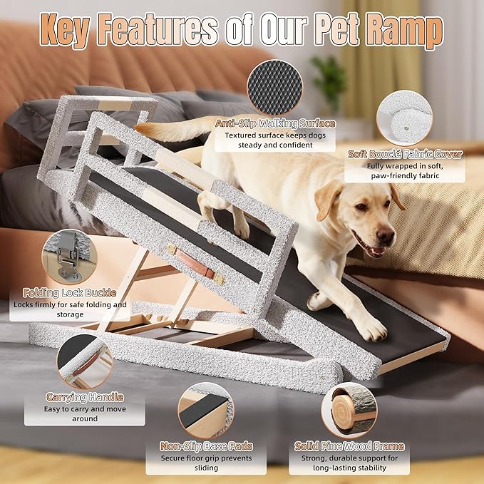 Dog Ramp for Bed–Foldable Wooden Ramp with Soft Plush Fabric Cover & Safety Side Rails 16”–24” Adjustable Height, Non-Slip Walking Surface, Wide 17.7" Platform – Up to 200 lbs