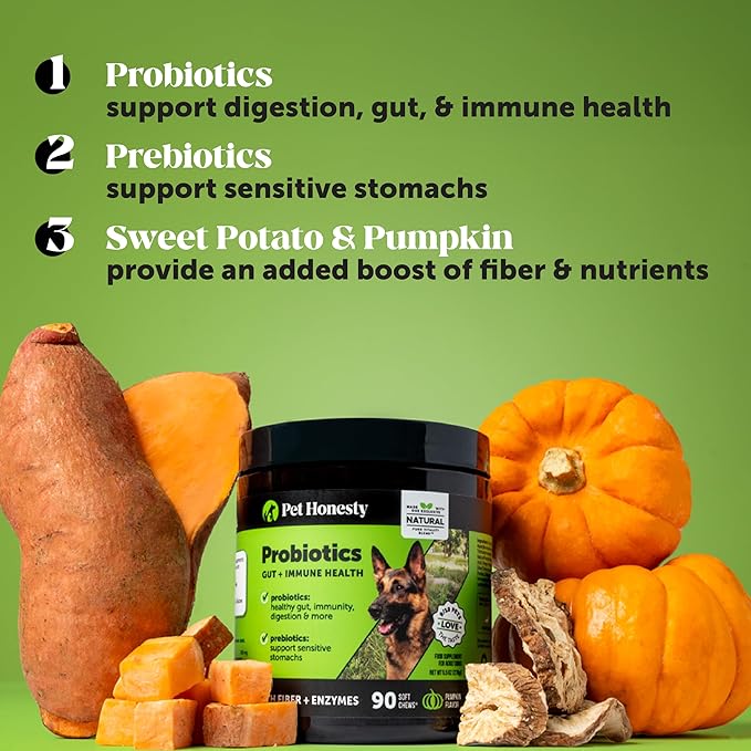 Pet Honesty Probiotics for Dogs - Digestive Enzymes Promotes Gut Health, Dog Probiotics for Bowel Support, Fiber for Regularity, Prebiotics for Immune Health & Gut Flora (Duck, 90 ct)