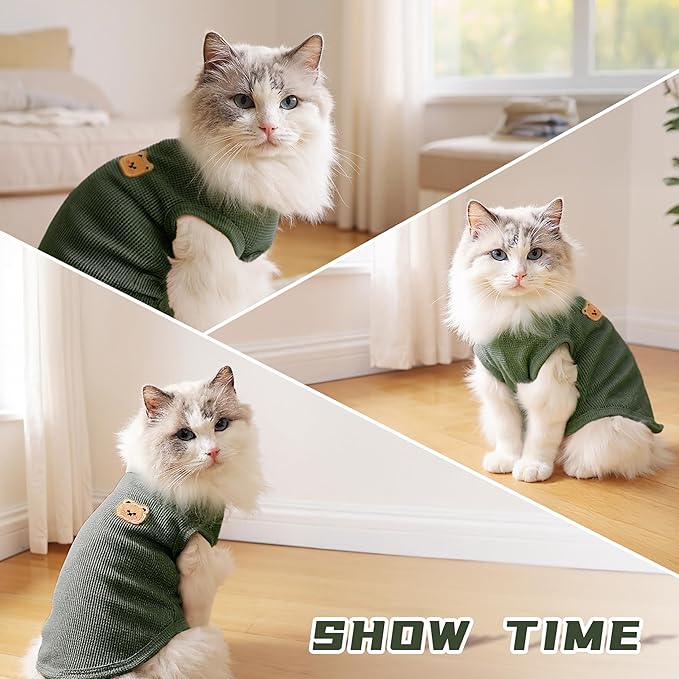 Waffle Knit Cat & Dog T Shirt for Small Dogs, Stretchable Puppy Shirt for Sphynx Cats & Small Breeds, Pet Clothes | Breathable Summer/Winter Apparel for Newborn(Green XLarge)