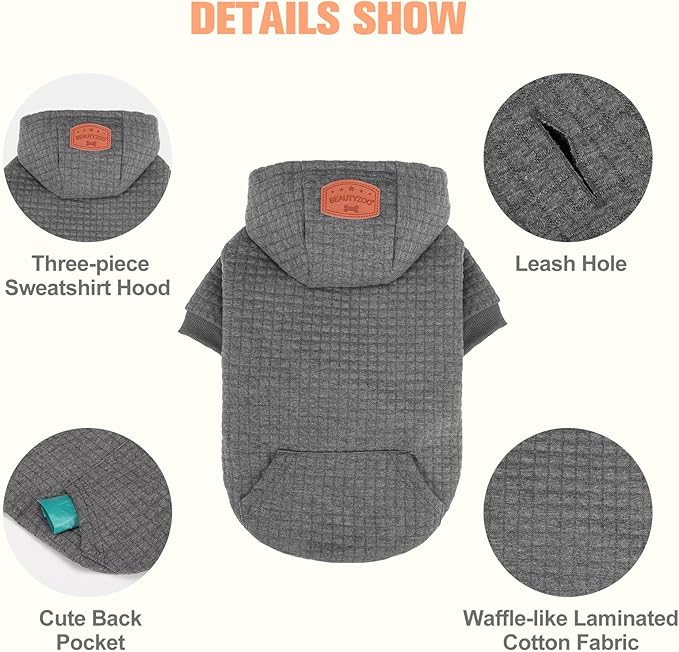 BEAUTYZOO Small Dog Hoodie Sweater with Pockets, Dog Clothes for Small Medium Dogs Boy Girl, Waffle-Like Laminated Cotton Pet Coats with Hat and Leash Hole, Dark Grey M