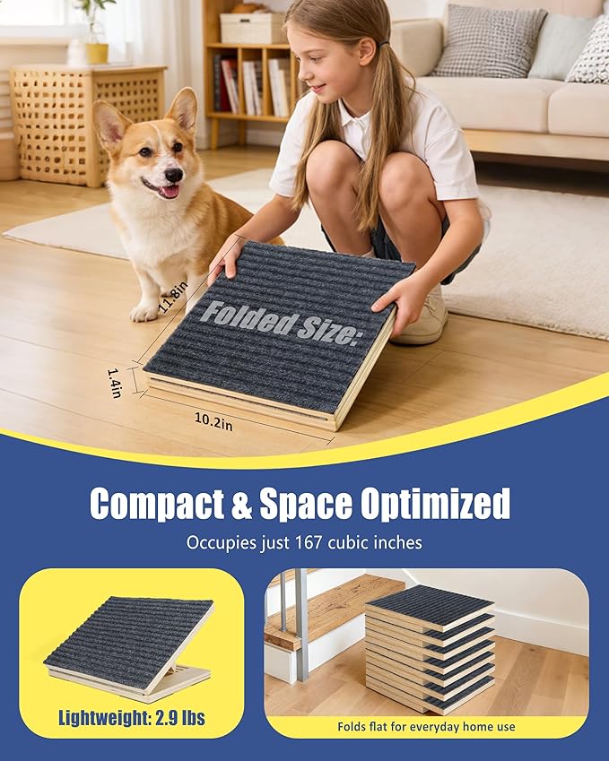 Dog Ramp for Stairs, 2 Pack Wooden Pet Steps for Small Dogs, Foldable Anti-Slip Stair Ramp for Senior, Short-Legged & Injured Pets, Adjustable Low-Angle Dog Stair Wedge