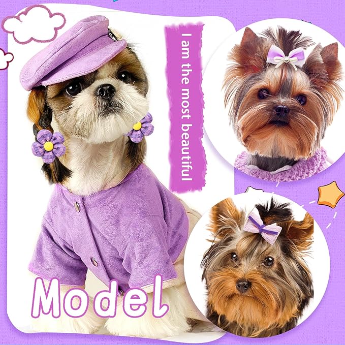 Mruq Purple Small Dog Hair Bows with Rubber Bands, Mix Handmade Cute Gooming Flower Ball Bows for Holiday Daily Accessories
