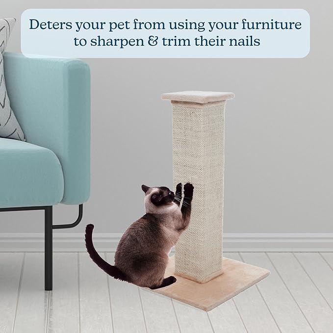 Cat Scratching Post with Carpeted Base - 27.75-Inch Sisal Burlap Fabric Scratcher - Furniture Scratching Deterrent for Indoor Cats by PETMAKER (Beige)