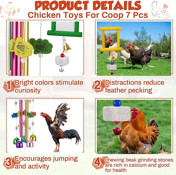 7 Pcs Chicken Toys, Hanging Chicken Wind Chime, 2 Pcs Coop Mirror Toys with Bells 4 Pack Beak Grinding Stones, Musical Coop Accessories for Hens Roosters Chicks Poultry Birds(Yellow，Green)